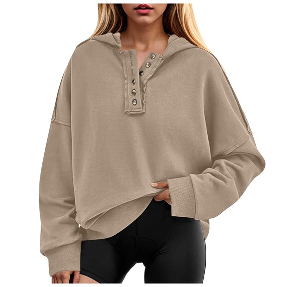Xudanell Cropped Hoodie Women Button up Tops V Neck Fall Oversized Sweatshirt Womens Cropped Sweatshirt Khaki M