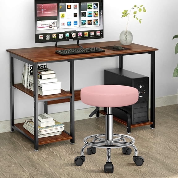 KKTONER Pink PU Leather Round Roller Stool with Footrest, Rotatable, Height Adjustable, Spa, Hair Salon, Tattoo Studio, Office Massage Stool, Work Chair