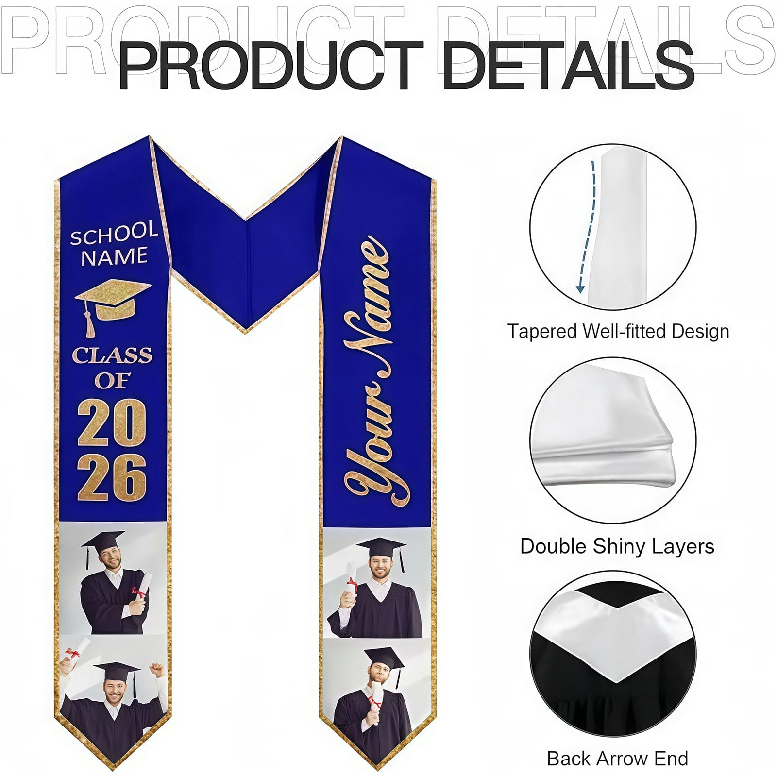 QASIEATN Graduation Stoles Class of Personalized Graduation Stole Grad Stole Daily Wear Casual Accessories Tie for Women