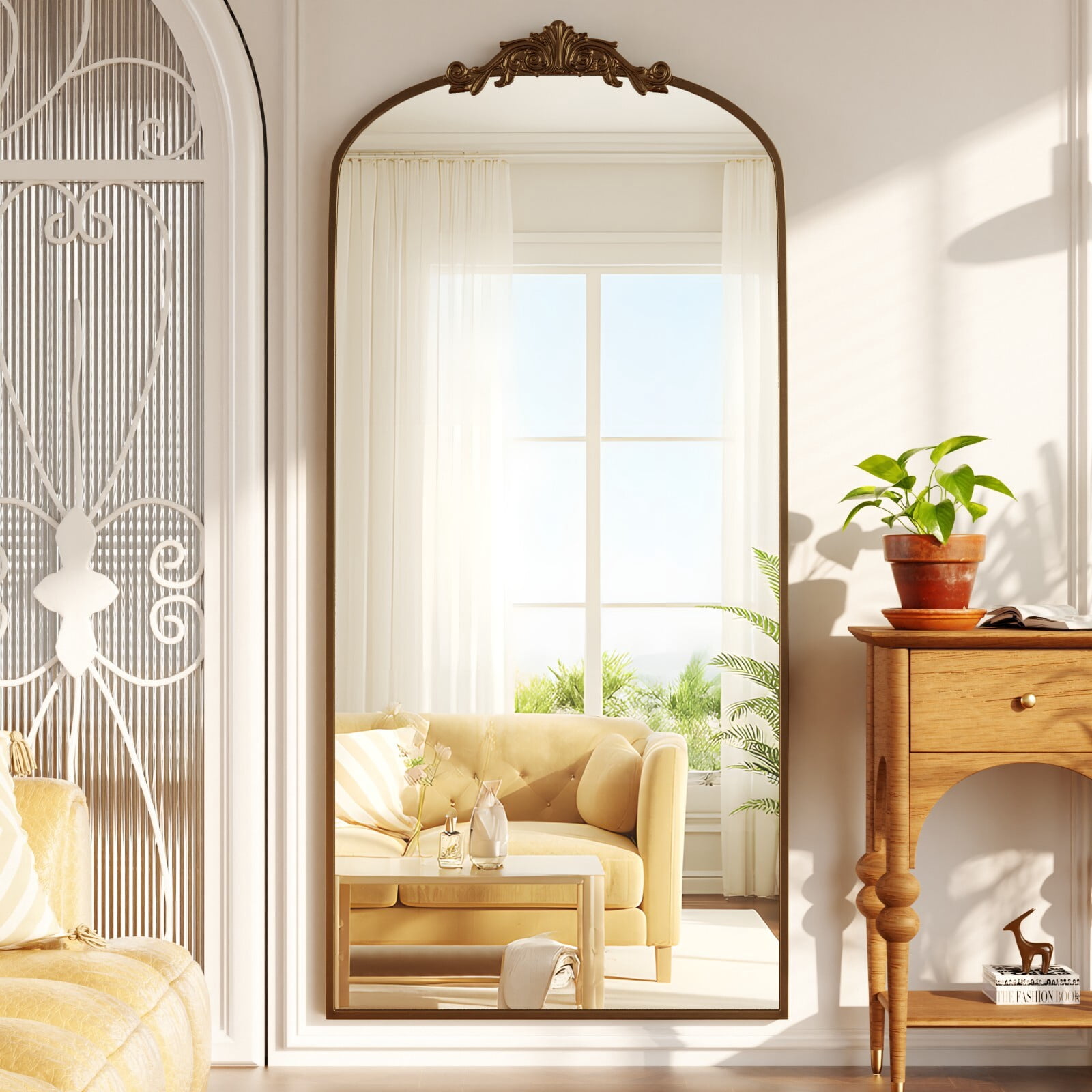 Easy4Home 73"x32" Vintage Arched Full Length Mirror Standing Floor Mirror with Baroque Style Carving Metal Frame, Antique Bronze