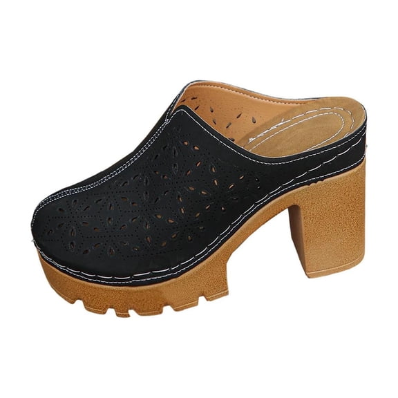 QQAMB Women’s Sandals Hollow Closed Toe Chunky Heels Mules,Summer Slip On Slides Loafer Shoes,Casual Breathable Backless Mules Sandals