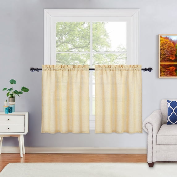 2 Pcs Semi Kitchen Small Curtain, Faux Linen Textured Sheer Voile Tier Curtain