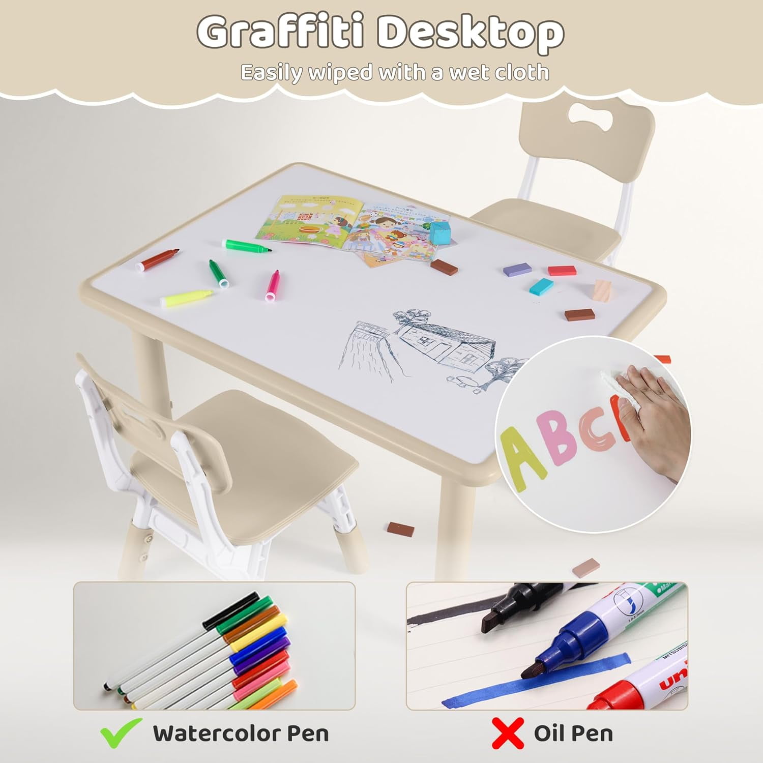 Kids Table and 4 Chairs Set, Height Adjustable (17.7"-26.1") Toddler Table and Chair Set, Multi-Activity Table with Graffiti Desktop, Children’s Table and Chairs for Classroom, Home & Daycare
