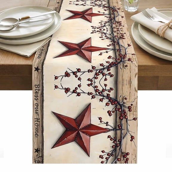 Red Texas Star Rustic Table Runner - 60 Inch Long, Kitchen Dining Table Runner Dresser Scarves, Country Star Berries Wooden Farmhouse Decor for Coffee Tables Wedding Party Banquet