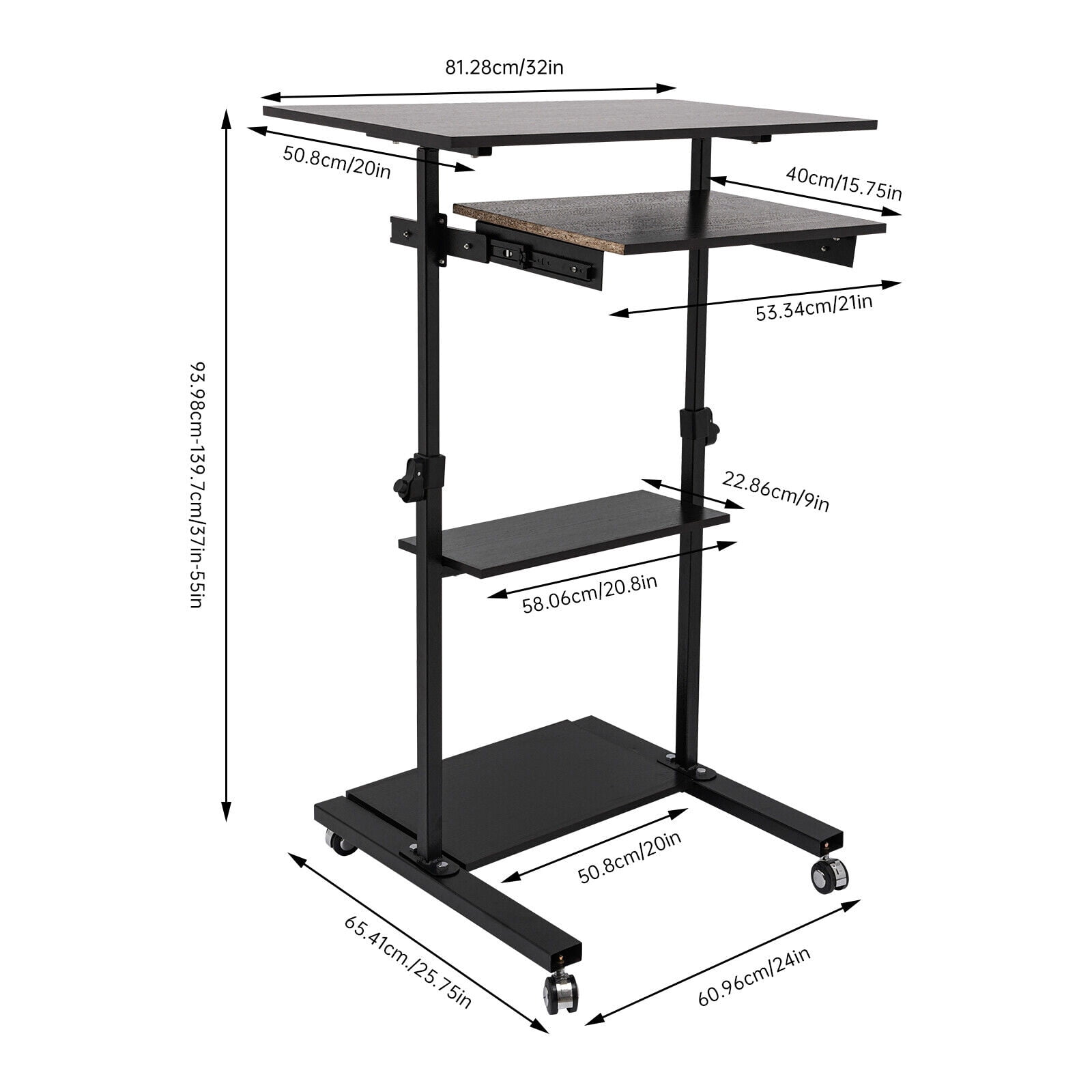 Stand Up Desk Cart Adjustable Table Height Black With 4 Countertops Mobile Standing Desk, Stand Up Work Station
