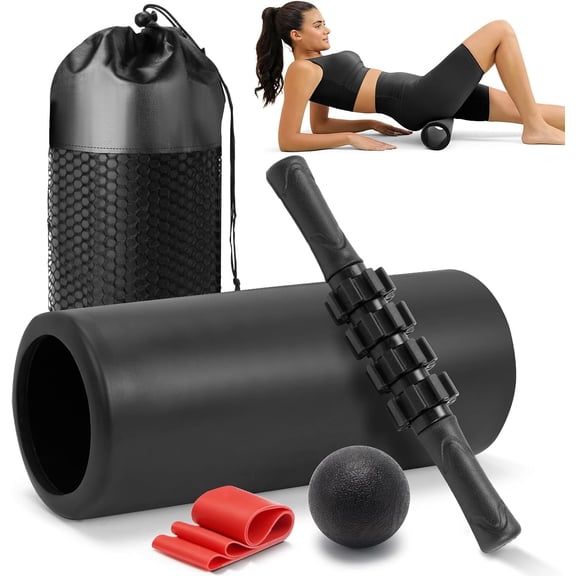 5 in 1  Roller Set - Trigger Point   Roller,  Roller Stick, Massage Ball, Stretching Band for Deep  Massage Pilates Yoga,Fitness Exercise for Whole  Release (Pure Black)