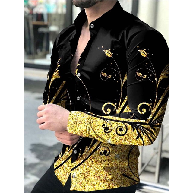 Camisas hawaianas de manga larga Camisas doradas Camisas de moda para hombre Blusas de solapa para hombre Ropa para hombre Blusa cubana de un solo pecho