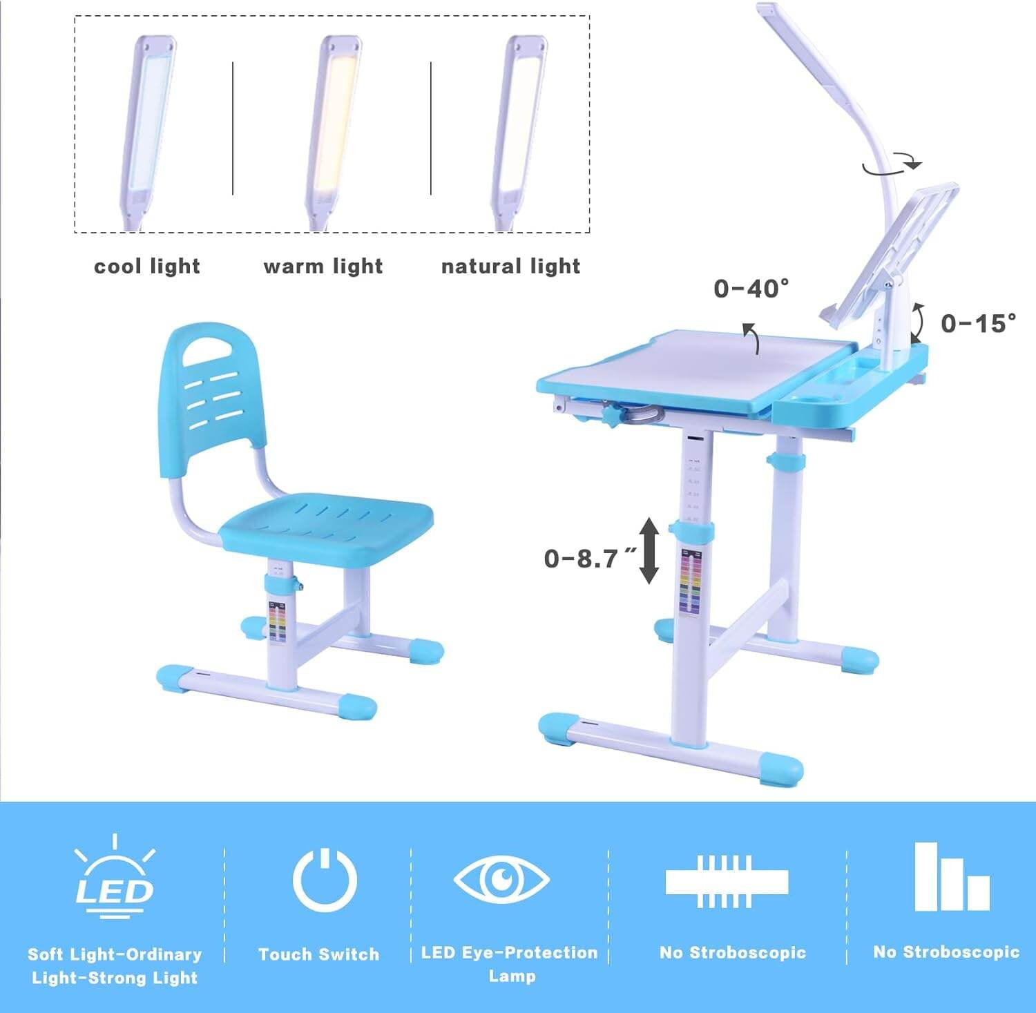 Kids Desk and Chair Set with Adjustable Height, Tiltable Desktop, LED Light & Storage - Blue Study Desk for Children Ages 3-15, Ergonomic Art & Homework Station