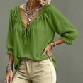 thumbnail image 5 of HaCpiu Women's Solid V-Neck Ruffle Blouse, Casual Loose 3/4 Sleeve Tie-Front Tunic Top, Lightweight Flowy Shirt with Elastic Ruffled Cuffs, Green S, 5 of 5
