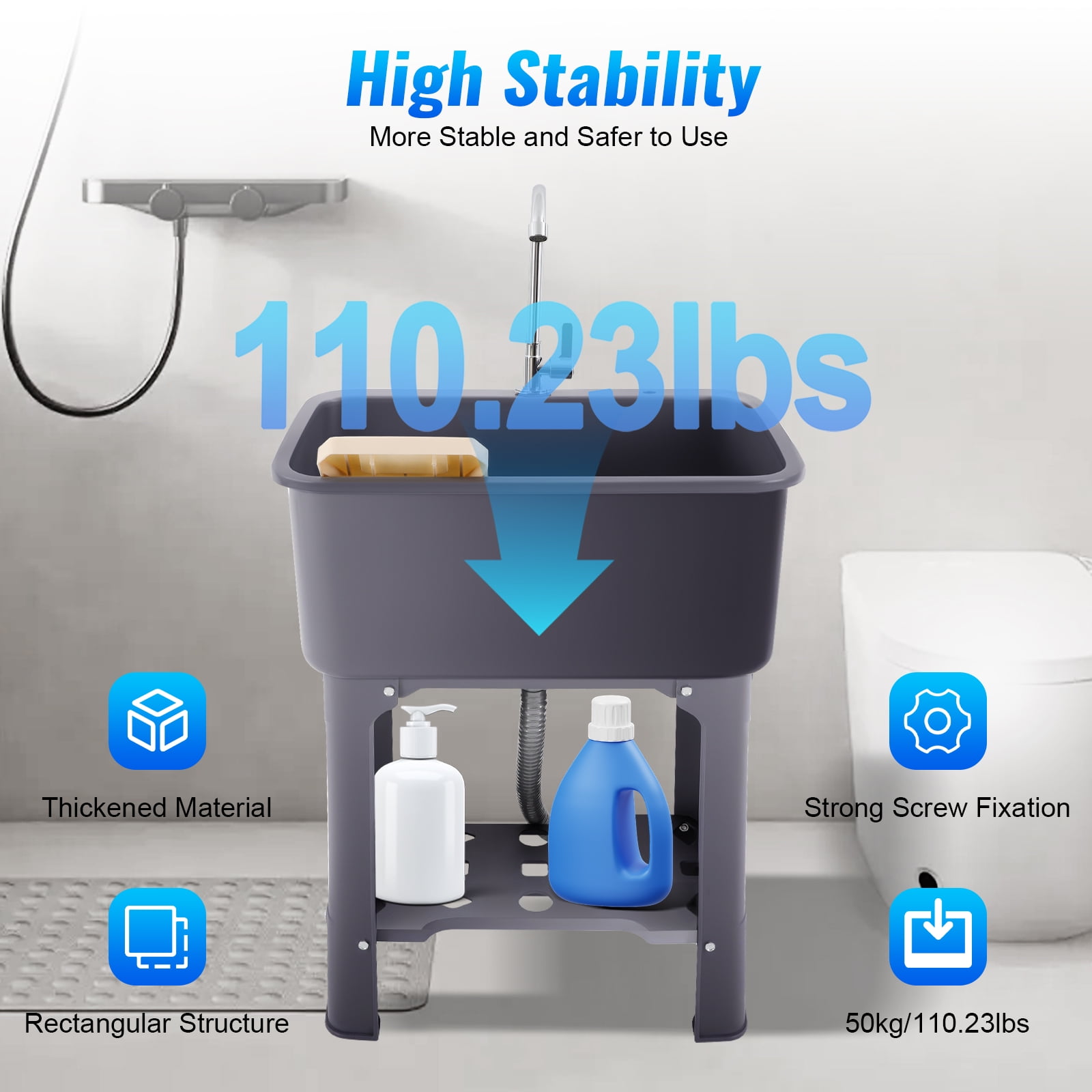 Freestanding Utility Sink with 360° Rotatable Faucet, Washboard, Anti-slip Feet, and Ample Storage for Laundry, Kitchen, and Commercial Use