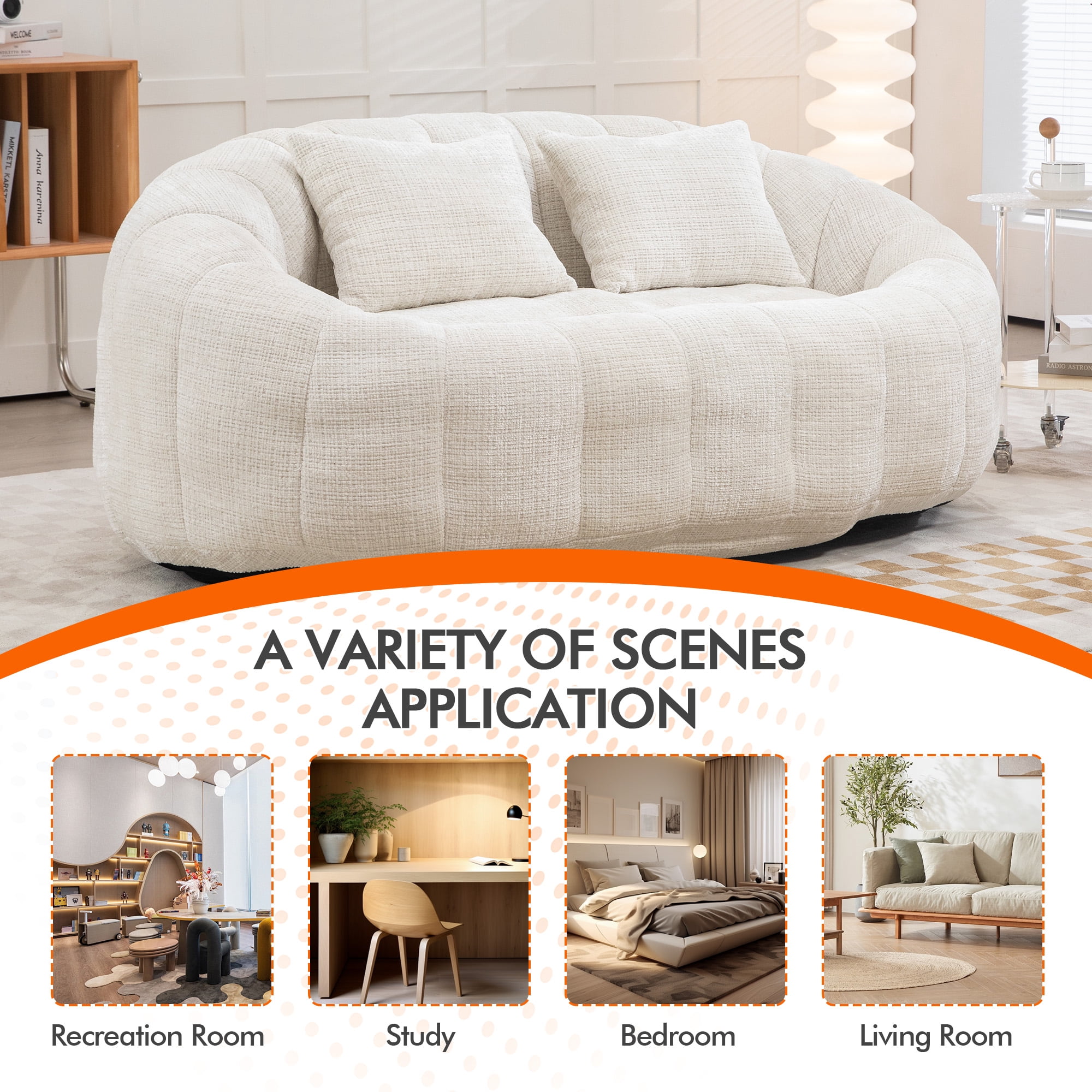 59''W Chenille Loveseat Sofa Small Couch Oversized Bean Bag Chair, Modern Lounge Loveseat Sofa with 2 Pillows,Bean Bag Couch Floor Lazy Sofa for Living Room Bedroom Apartment (Beige)