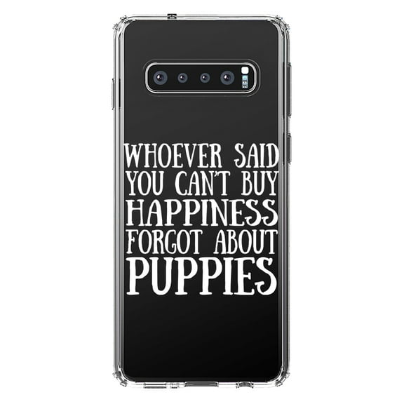 DistinctInk Clear Shockproof Hybrid Case for Samsung Galaxy S10 (6.1" Screen) - TPU Bumper Acrylic Back Tempered Glass Screen Protector - Can't Buy Happiness Forgot About Puppies
