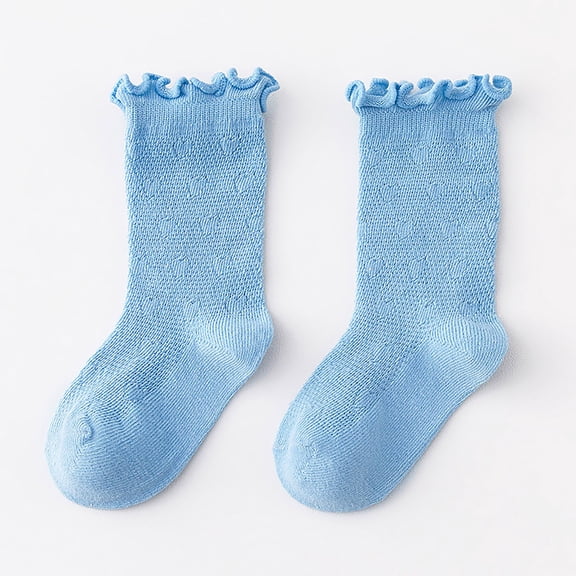 Baby Girls Frilly Ruffle Mesh Calf Socks Single Pair Hollow Heart Vent Moisture Wicking Non Tight Elastic Cuff Anti Blister Summer Casual Socks for Kids 3 To 9 Years Old Blue L