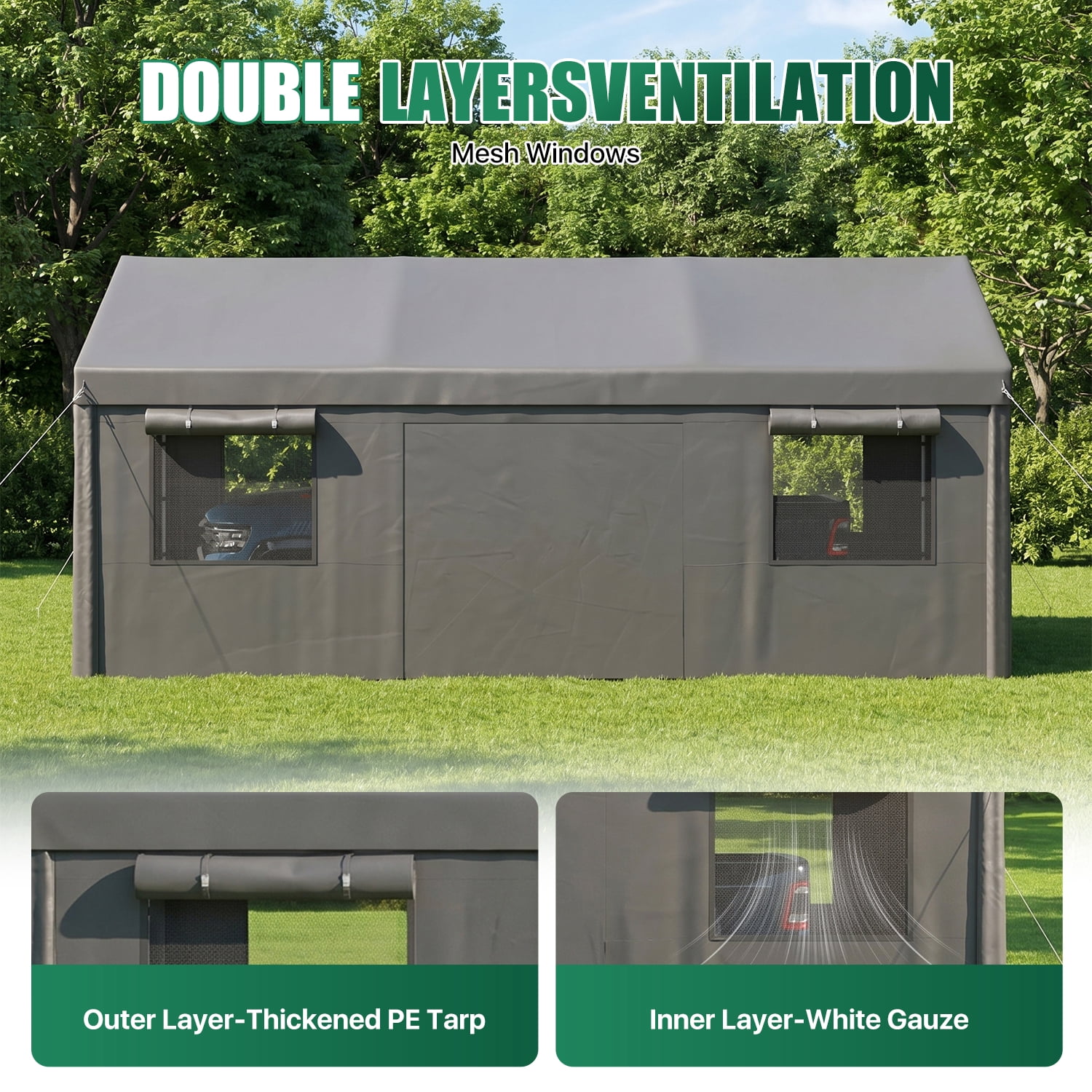 BaPiPro 12x20FT Heavy Duty Carport, Portable Garage Car Canopy with Removable Sidewalls & Roll-Up Doors, Car Shelter for Cars,Trucks and Tools Storage, Gray