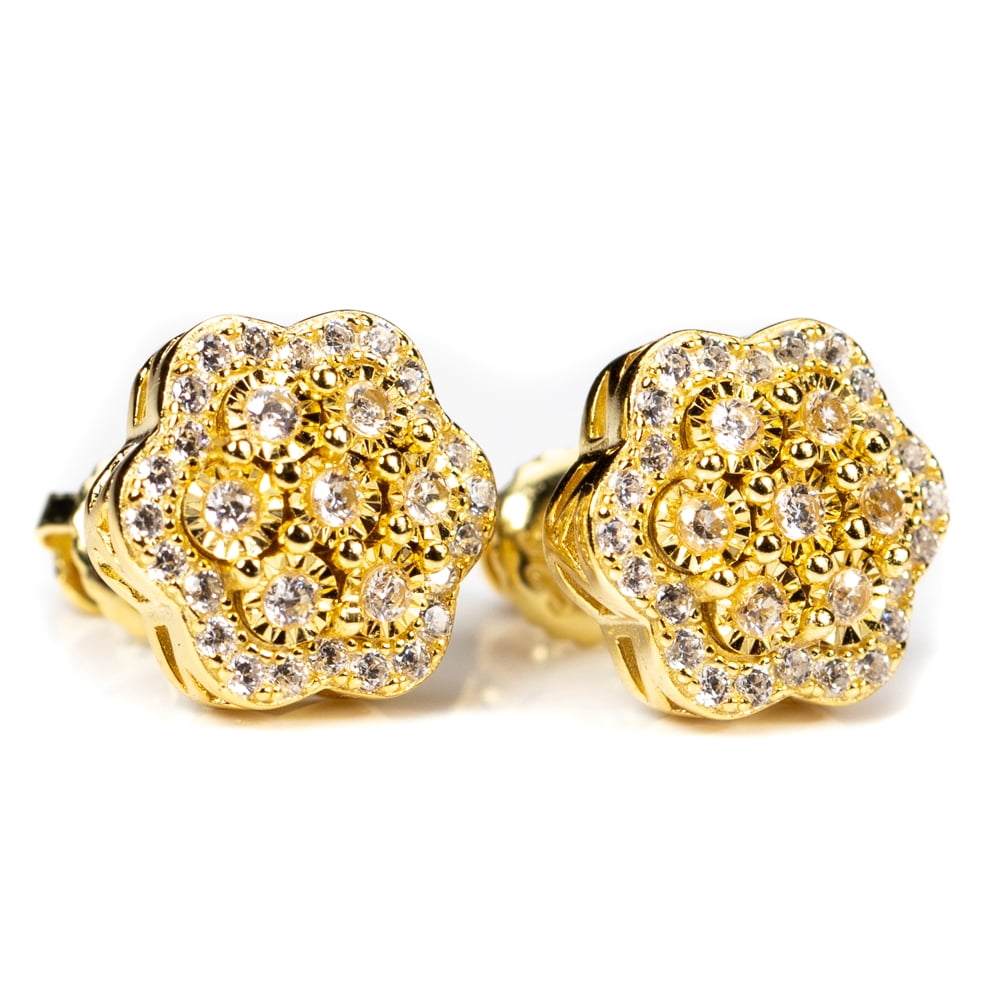 Hip Hop Big 14K Yellow Gold Plated 925 Sterling Silver Screw Back Post Large Iced CZ Round Flower Cluster Circle  Stud Earrings