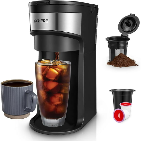 Coffee Maker, Single Serve Iced and Hot Coffee Brewer for K Pod & Ground Coffee, with 90s Fast Brewing, 6 to 14 Oz Brew Sizes, 1000W Compact Coffee Machine with Water Window and Descaling Mode