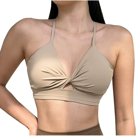 Gnurob Sports Bra for Women  Criss-Cross Back Bralettes Padded Athletic Brassiere Medium Support Yoga Bralette Beauty Back Smoothing Bras Breathable Underwear Clearance Saving Khaki Large