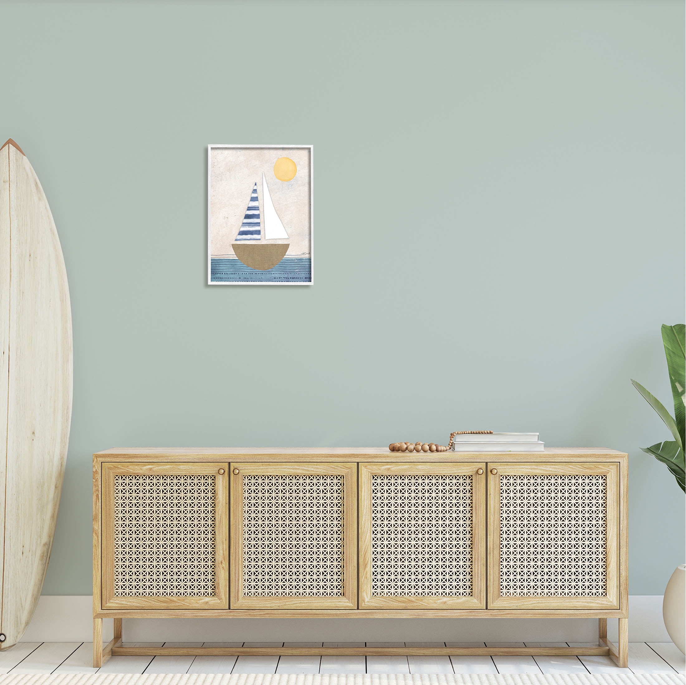 Stupell Industries Geometric Sailboat Striped Ocean Water Graphic Art White Framed Art Print Wall Art, Design by Katie Doucette