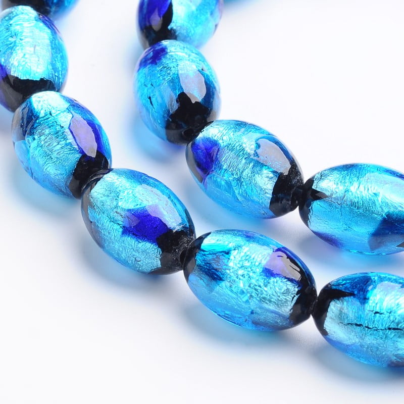 30 pc Handmade Silver Foil Glass Oval Beads Dodger Blue 12x8mm Hole: 1mm