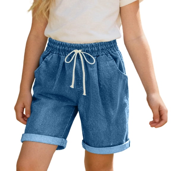 Umfun Girls Shorts Drawstring Denim Bermudas with Rolled Cuffs - Comfy Cotton Blend Shorts Summer Camp & Playgrounds for Active Kids