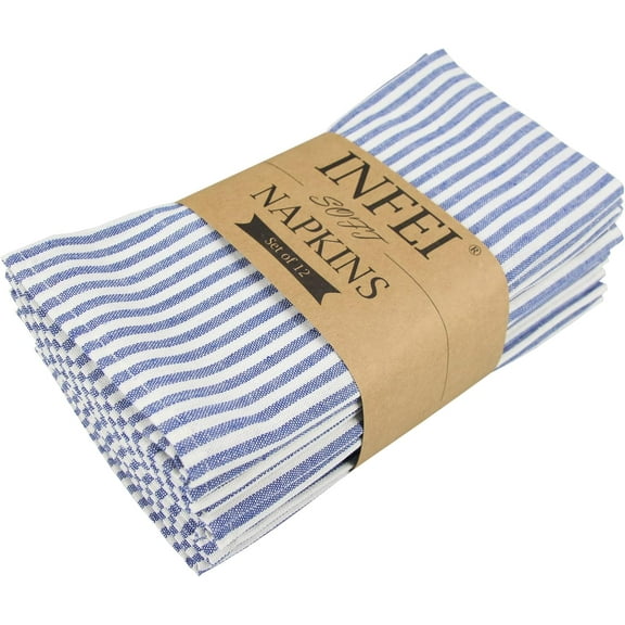 Plain Striped Cotton Linen Blended Dinner Cloth Napkins - Set of 12 (40 x 30 cm) for Events & Home Use (Blue)
