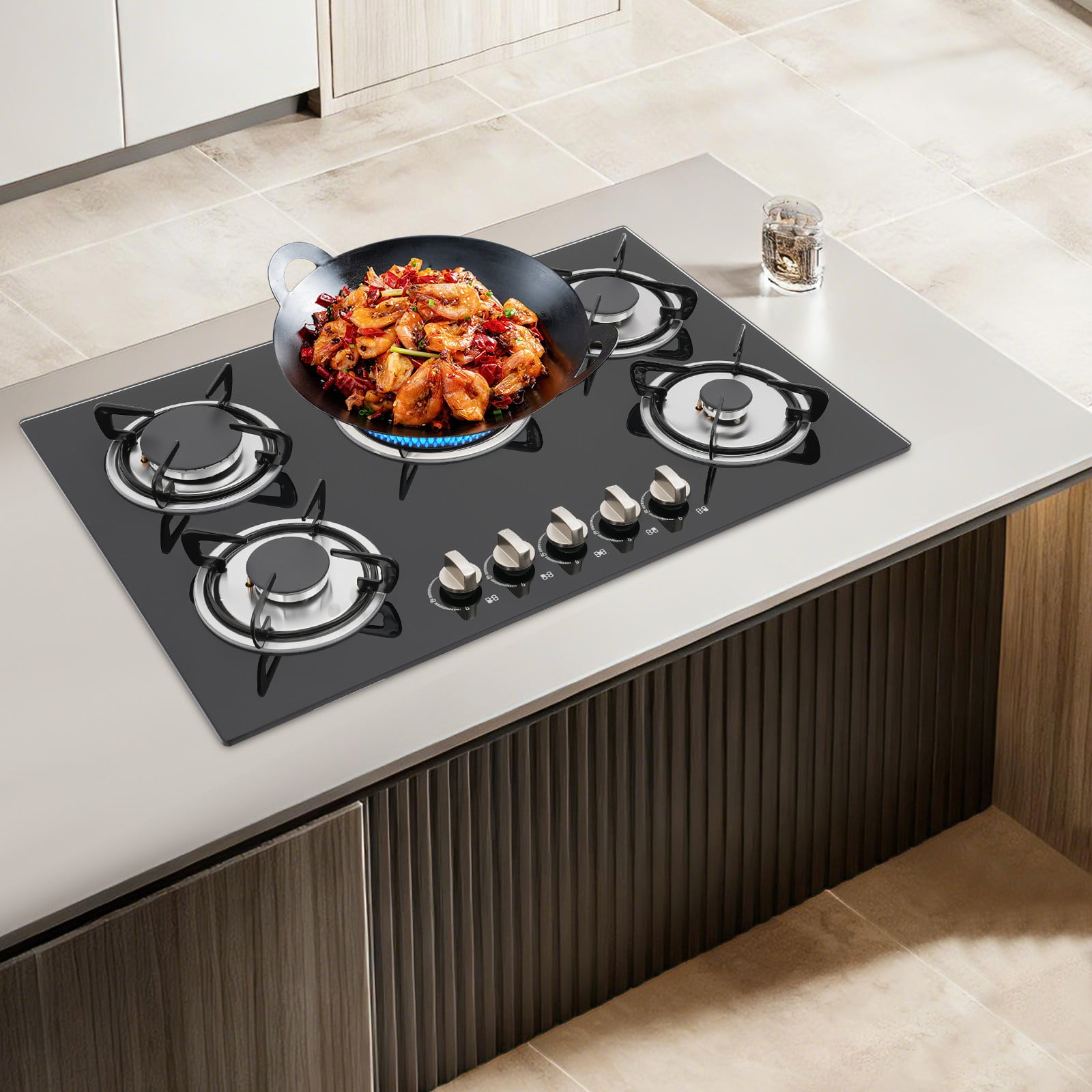30" Stove Top Gas Cooktop Burner Kitchen Cooking LPG /Propane with 5 Burners 77*51*7cm for Domestic Or Commercial Use