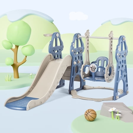 DUKE BABY 4-in-1 Kids Slide and Swing Set for Toddler Age 1-6  Extra Large Baby Indoor Outdoor Activity Playground with Basketball Hoop and Climber – Blue