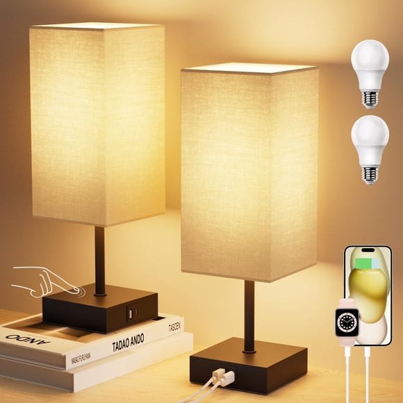 Sailstar Lampe de Chevet Tactile pour Chambre, Ensemble de 2, Lampe de Table à 3 Niveaux de Gradation avec Ports de Recharge USB C+A, Petites Lampes de Nuit pour