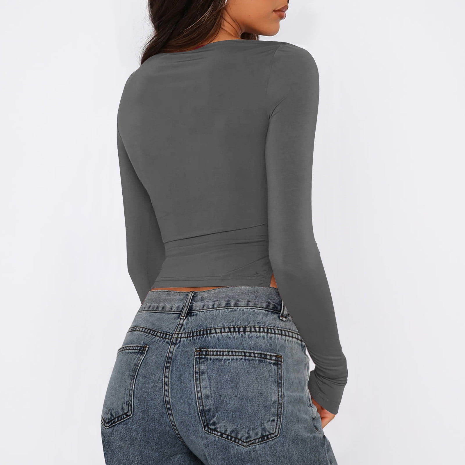 Xysaqa Women's Long Sleeve Crop Tops Crew Neck Side Split Xysaqa Women's Long Sleeve Crop Tops Crew Neck Side Split
