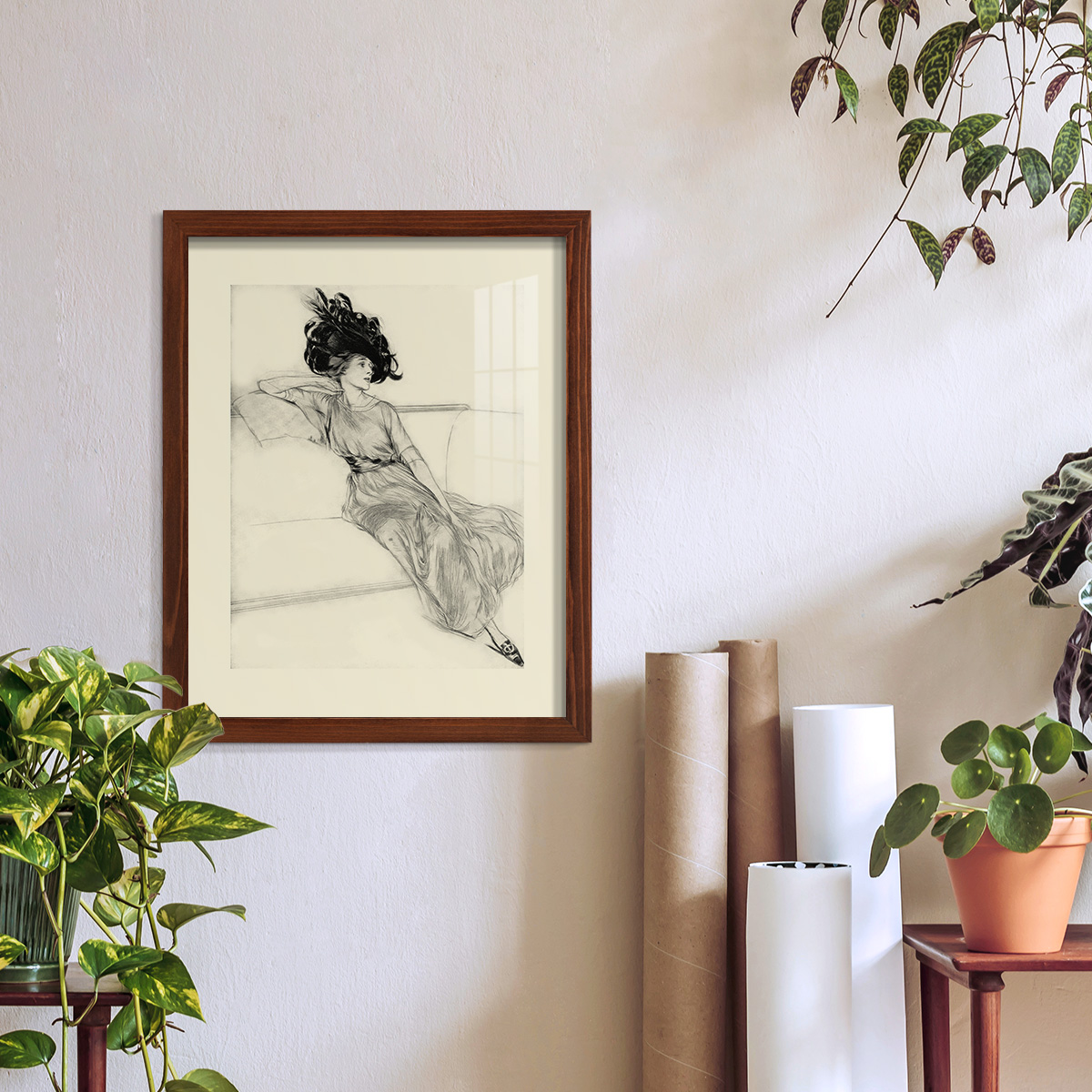 Feather Hat I -Framed Print w/glass-Chestnut
