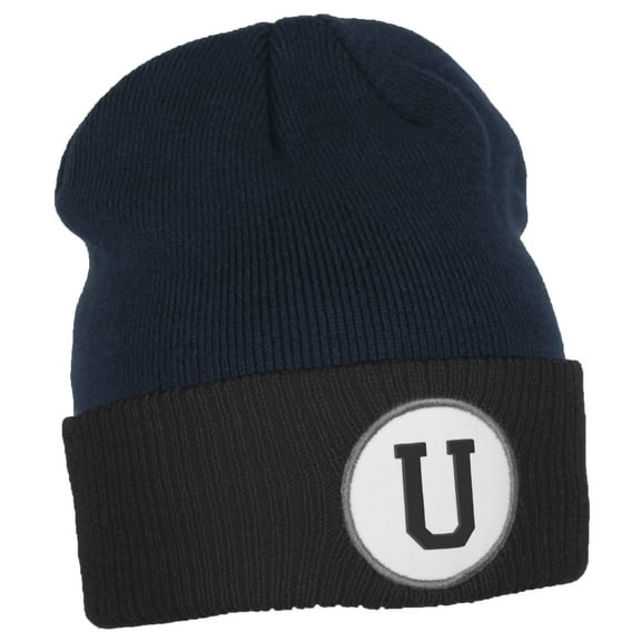 Daxton Custom A to Z Initial Letters Cuff Hat Beanie Warm Knit Skull Cap, Navy Black Letter U