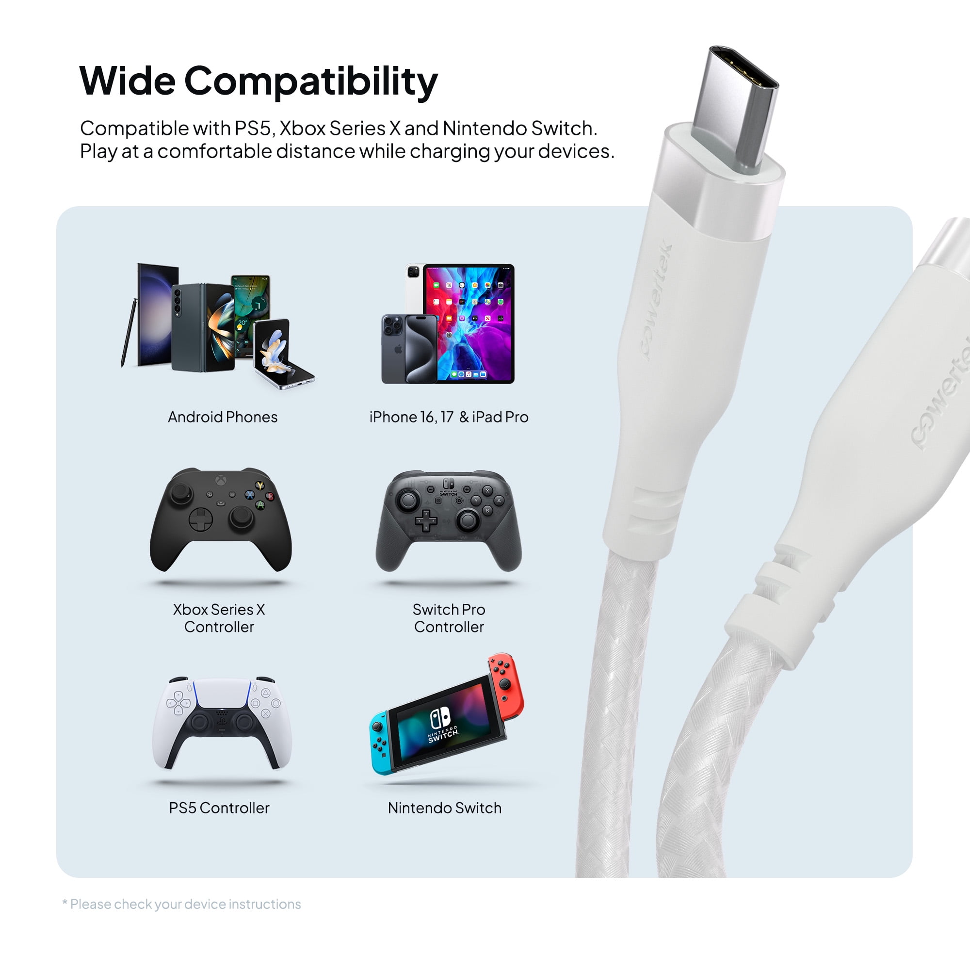 Powertek USB-C to USB-C Fast Charging Cable, 60W, 6 ft, Carbon Design Texture, White