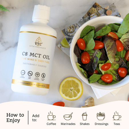 VTC VitaTradingCo. C8 MCT Oil 100% Pure 32 oz | Keto and Paleo | Caprylic Acid | Clean Energy | Healthy Fat | Sustainably Sourced and Non-GMO | 64 Servings