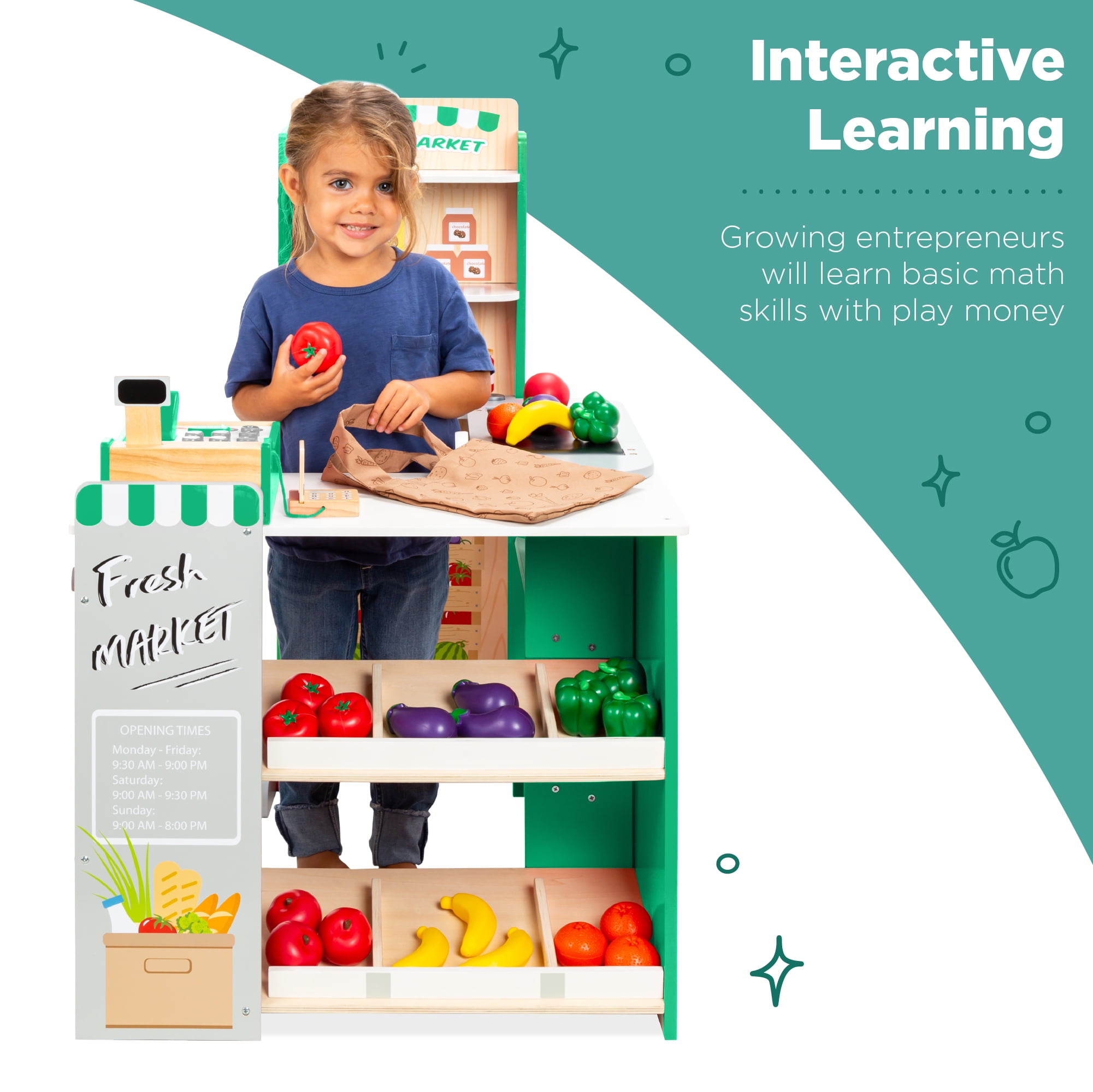 Best Choice Products Kids Pretend Play Grocery Store Wooden Supermarket Set w/ Chalkboard, Cash Regi(图3) Best Choice Products Kids Pretend Play Grocery Store Wooden Supermarket Set w/ Chalkboard, Cash Regi(图3)