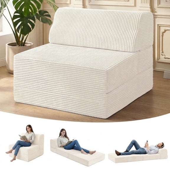 Beige Folding Sofa Bed With Pillow Memory Foam Convertible Sleeper Chair Washable Cover Futon Floor Couch For Living Room Dorm Guest Home Office
