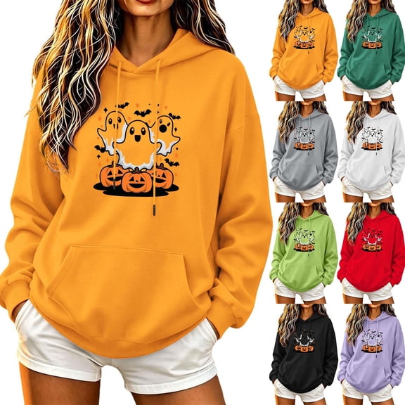 Jsaierl Womens Halloween Sweatshirts Plus Size Graphic Pullover Hoodies Fall Holiday Long Sleeve Shirt Tops Halloween Clothes, Sizes S-2XL