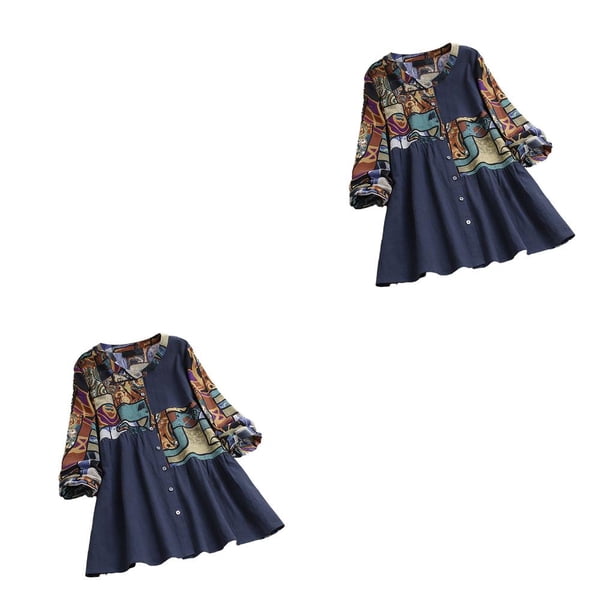 Sonducket camisa de gran tamaño soporte de moda collar de impresión transpirable botón de manga larga blusa vestido accesorios desgaste diario Azul/L 2piezas