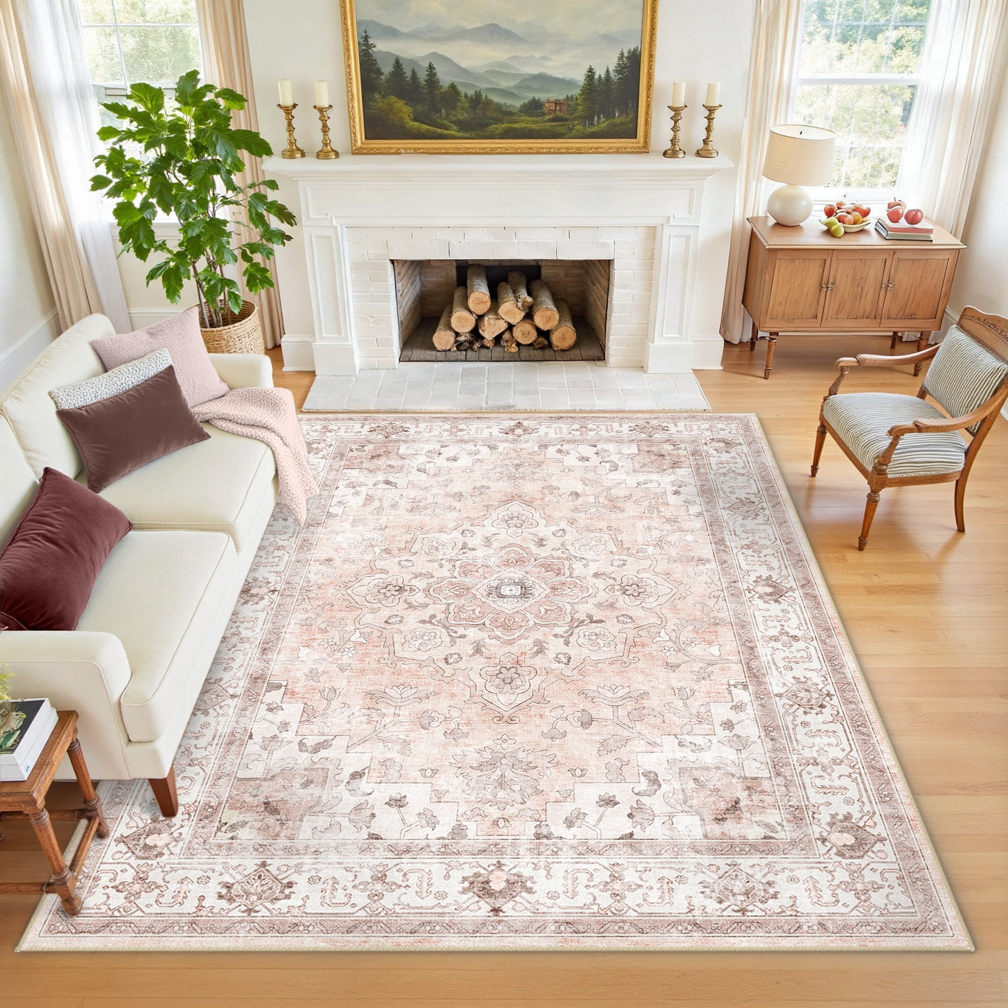 NewBuros 5'x7' Area Rugs, Machine Washable Non Slip Rugs for Living Room, Low Pile Water Repellent Soft Vintage Print Pattern Bedroom Carpet, Pink