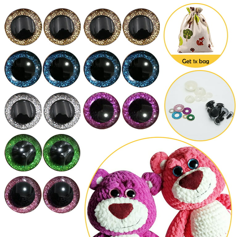 MAGIMODAC 16 Pcs 6 Color Plastic Safety Eyes 9mm 12mm 14mm 16mm 18mm 20mm  25mm Premium Round Eyes with Glitter Circle and Washers for Stuffed Doll