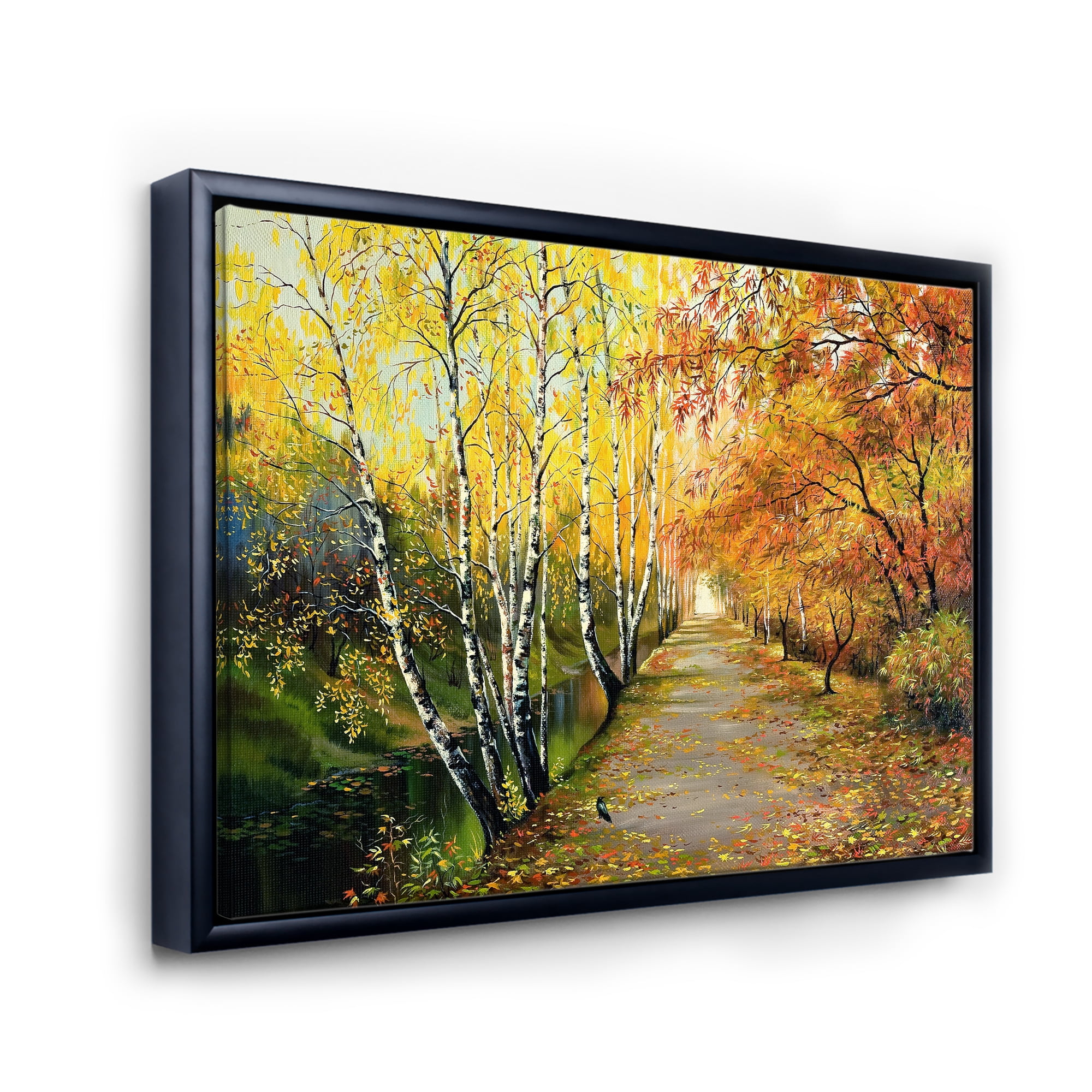 Designart 'Path Through The Autumn Woods Along River' Traditional Framed Canvas Wall Art Print