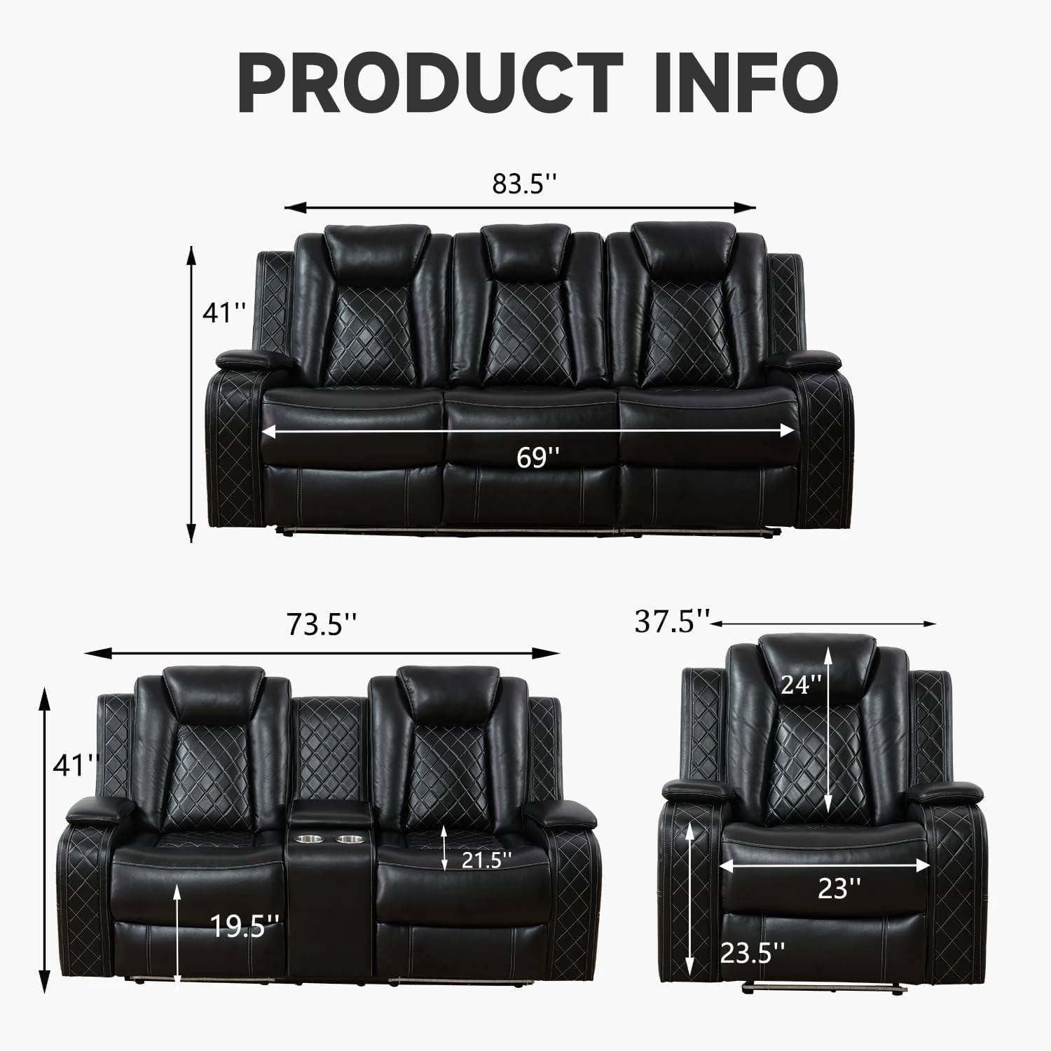 Power Reclining Leather Sofa Set, 3 Pieces Living Room Couch with LED, USB Ports, Cup Holders and Armrest Storage, Black