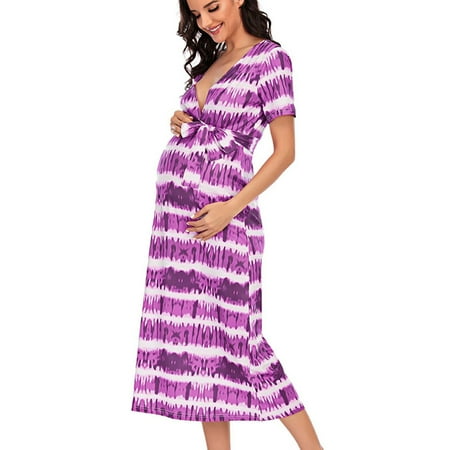 

Akklian Maternity Clothes for Women Plus Size Dress V-Neck Short Sleeve Striped Dress Belt Waist Pregnancy Dress Summer Savings Clearance