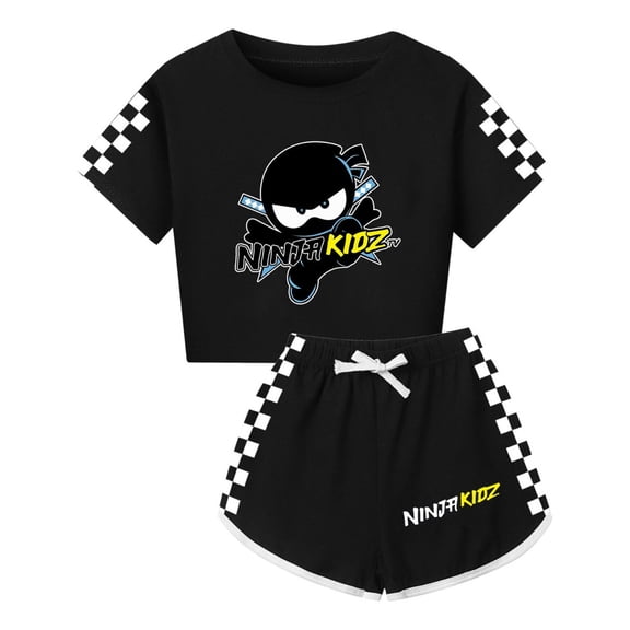 Ninja Kidz Girls Summer Set – Kids Cute Crop Top with Checker Sleeves and Matching Shorts