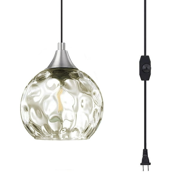 Kiven Plug in Pendant Light, Farmhouse Hanging Light Fixture with Amber Glass Globe, E26 Socket Dimmable Pendant Light for Bedroom Hallway Kitchen