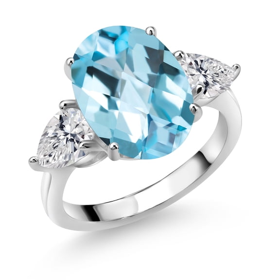Gem Stone King 925 Sterling Silver Sky Blue Topaz and Lab Grown Diamond Engagement Ring for Women | 8.24 Cttw | Oval Checkerboard 14X10MM | Gemstone November Birthstone | Size 9