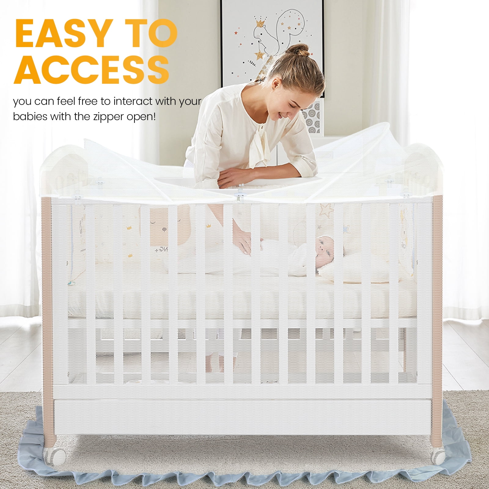 Orzbow Mosquito Net for Crib, Encrypted Baby Toddler Crib Tent Full Cover Safety Net, with Two-Way Zippers, Durable, Strong, Keep Baby Infant from Climbing Out, Falls and Mosquito Bites, White