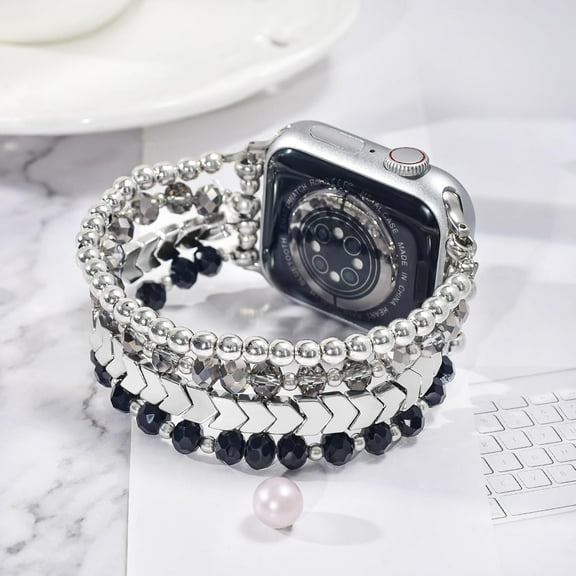 YUYAN-Beaded Bracelet Compatible with Apple Watch Band Series 11/10/9/8/7, Fashion Stretch Women Bands for iWatch Series SE/6/5/4/3/2/1 iPhone Watch Strap Bands 42/44/45/49/46mm (Black/Silver)