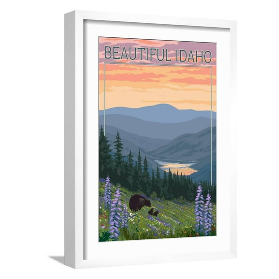 Art.com Idaho - Bear and Spring Flowers Art Print by Lantern Press, White Frame Wall Art, 17" x 23"