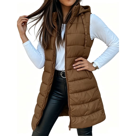 Fall Winter Women Sleeveless Long Vest Hooded Puffer Zipper Outwear Vest