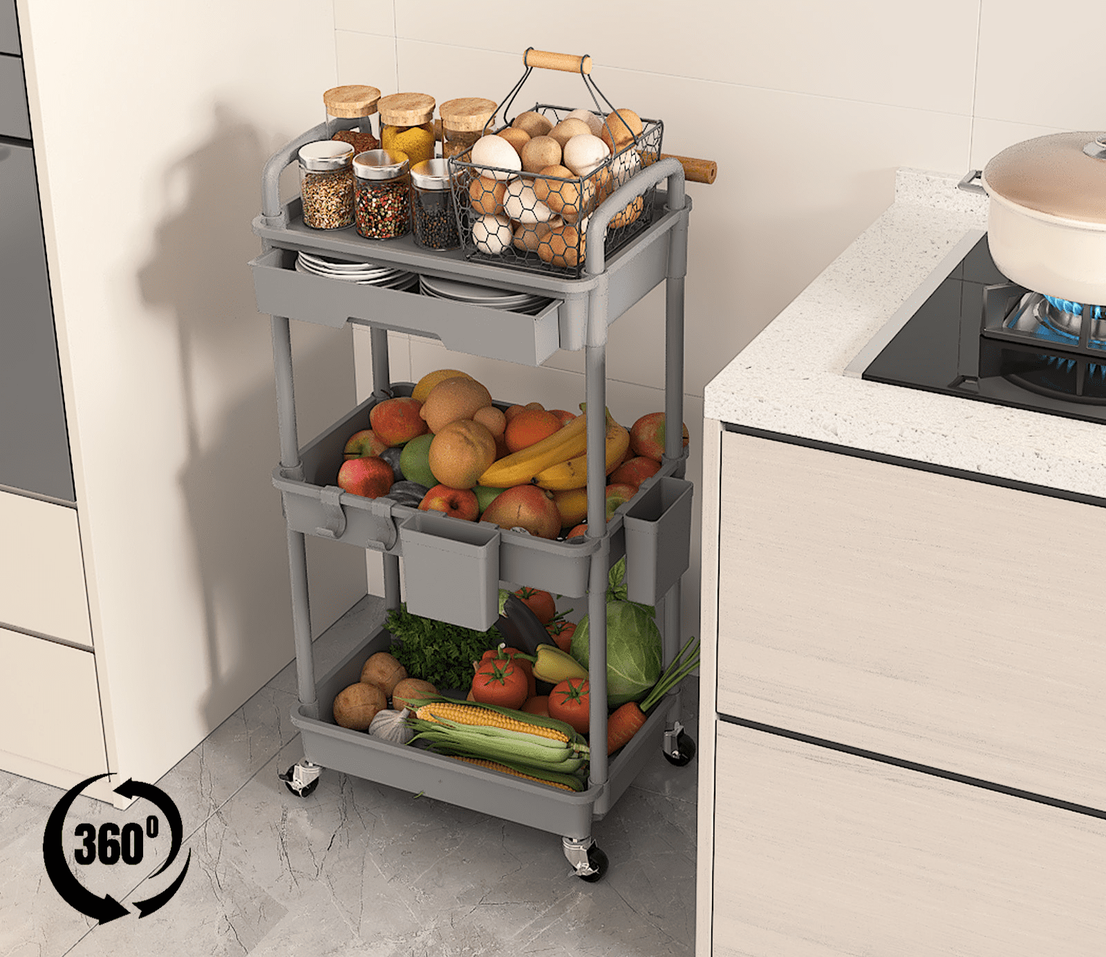 LLMRR 3 Tier Rolling Utility Cart with Drawer, Cart with Drawer & Handle, Bathroom Cart Organizer, Rolling Storage Cart with Drawer, Rolling Cart with Lockable Wheels for Kitchen, Office, Gray